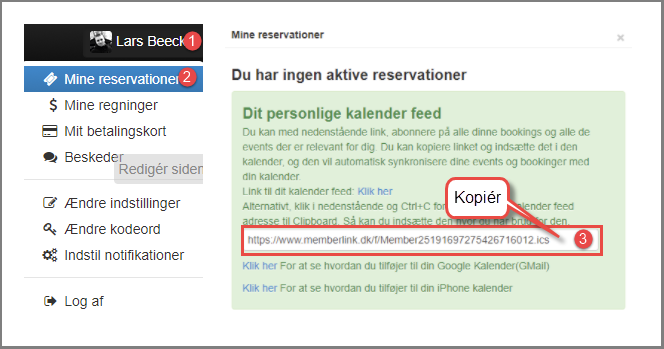 Skærmbillede fra GoMember der viser Mine reservationer og feltet Dit personlige kalender feed med et ICS-link